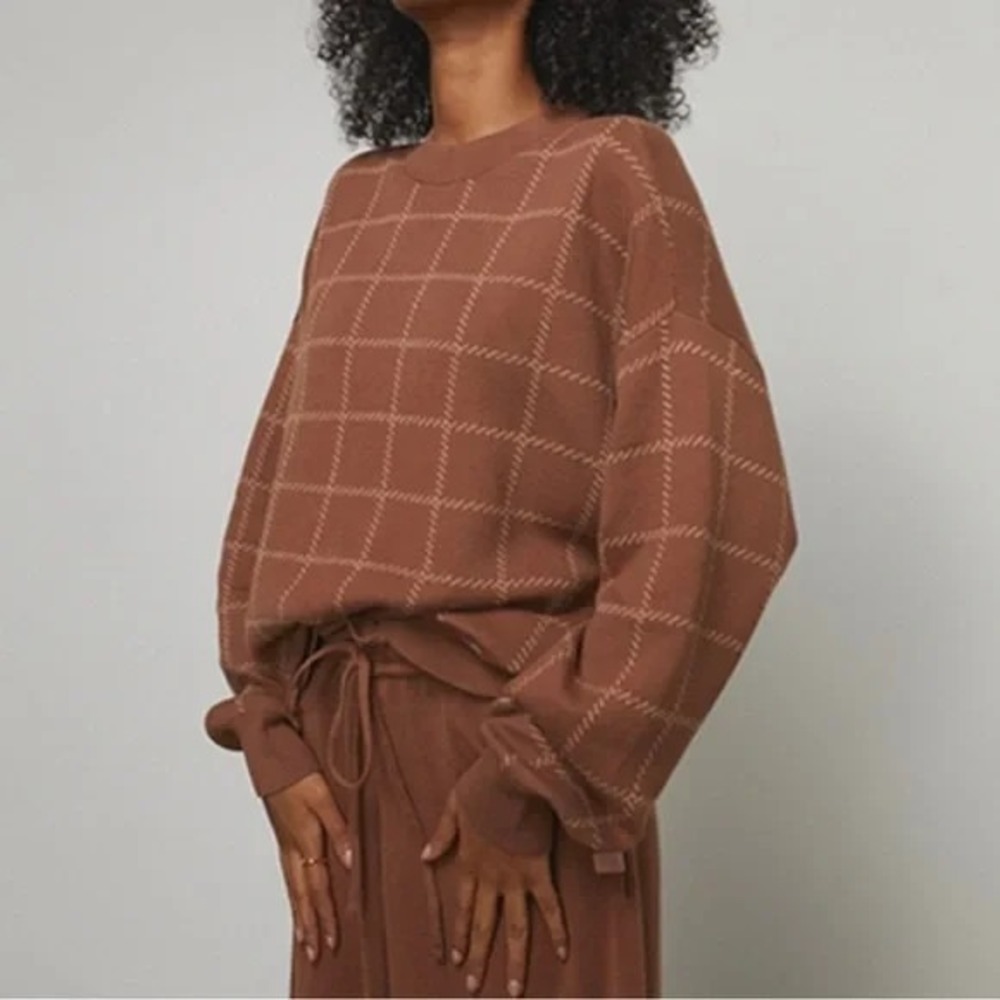 Lunya Cozy Sweater Women's Small S Humble Brown Windowpane Cotton Silk Pullover